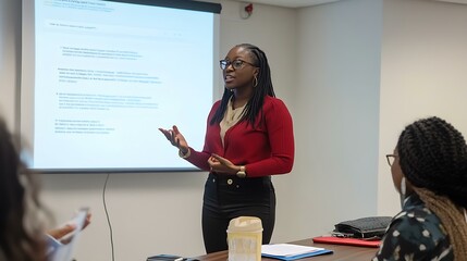 A collaborative meeting where a Black woman leads her team through a presentation on performance analytics