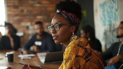 A collaborative meeting where a Black woman leads a discussion about marketing trends with a multicultural group