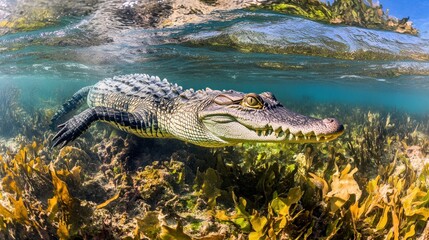 Fototapeta premium Young Crocodile Submerged In Coastal Waters