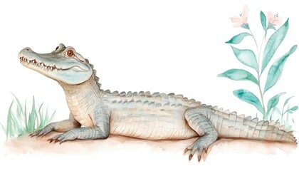 Obraz premium A serene illustration of an alligator resting on the ground with delicate plants in the background
