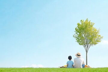 A serene moment of a child and grandparent enjoying a picnic under a clear blue sky near a tree