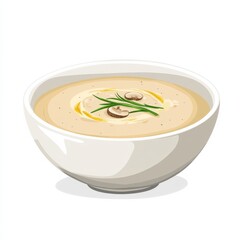 A bowl of creamy wild mushroom soup with a drizzle of truffle oil, isolated white background, minimalist art style