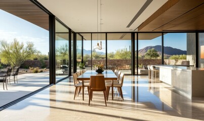 Modern dining area featuring minimalist design and neutral colors during daylight