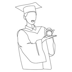 Dessin en ligne continu d'une étudiante en tenue de remise de diplôme, un réveil à la main, fin de cycle universitaire, line art, vecteur