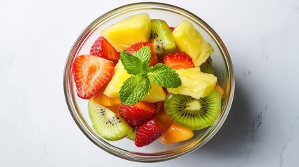 A bowl of vibrant mixed fruit salad with slices of kiwi, strawberries, and pineapple