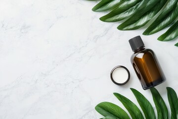 Flat Lay of Skincare Bottles Surrounded by Tropical Green Leaves on Marble Surface