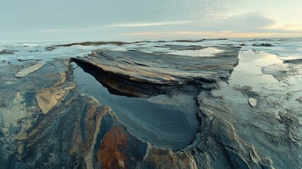 Coastal Rock Formation With Water Pools And Winter Ice