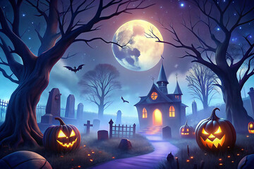 Fototapeta premium Spooky Halloween night scene with haunted house, pumpkins, graveyard, and full moon.