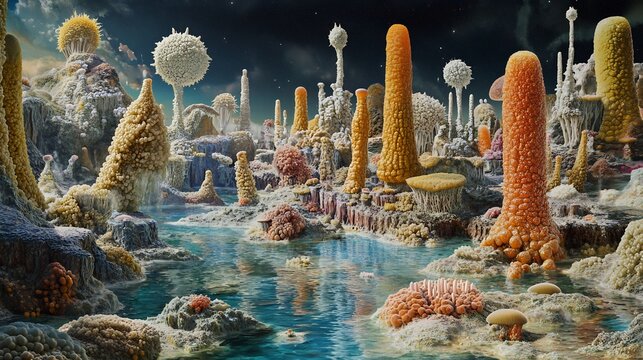 Vibrant scene of archaea thriving in extreme habitats like hot springs and salty lakes