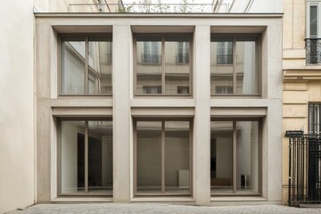 Fototapeta premium Modern architectural design of a minimalist building with large windows located in Paris, showcasing natural light and urban simplicity