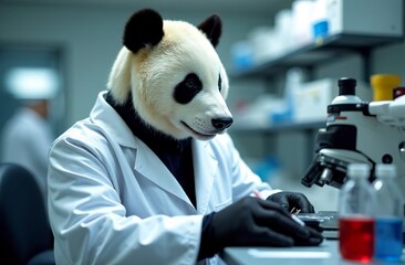Panda scientist sits in the laboratory and looks at the microscope.