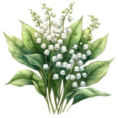 Obraz premium A vibrant illustration of lily of the valley flowers with lush green leaves, showcasing nature's beauty