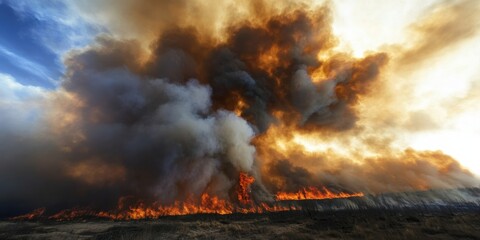 Fototapeta premium Intense wildfire blaze with thick smoke cloud in natural landscape