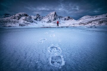 Scandinavian winter Landscape of Snowy Mountain peaks and sea coast, frozen lake water with...