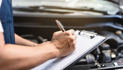 a mechanic inspects a car and taking notes on a clipboard. His hands are holding a pen while writing on a paper, indicating a thorough inspection process 