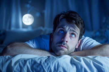 A man lying awake at night, battling insomnia, with a clock in the background showing late hours.