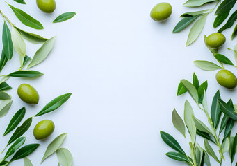 Green Olives and Leaves Pattern on White Background