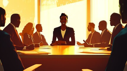 A professional meeting where a Black businesswoman stands confidently at the head of the table while her team collaborates