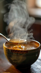 Fototapeta premium steaming bowl of hot soup with spoon, evoking warmth and comfort