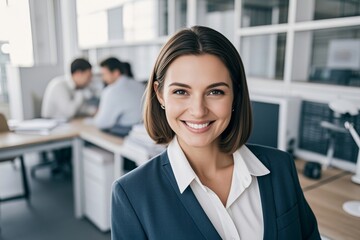 Obraz premium smiling woman in business attire standing in front of a group of people