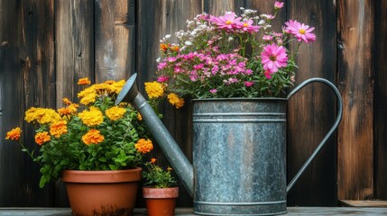 A gray watering can holds a bouquet of pink and white flowers, while a terracotta pot holds a bouquet of orange and yellow flowers.