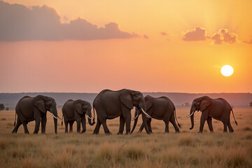 Fototapeta premium Herd of elephants walking across savanna at sunset