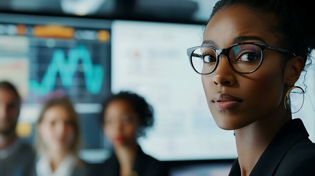 A professional setting with a Black businesswoman explaining data on a graph to her team of diverse employees