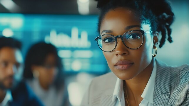 A professional setting with a Black businesswoman explaining data on a graph to her team of diverse employees