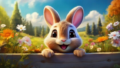 cute cartoon bunny peeking over a fence in a flowery meadow
