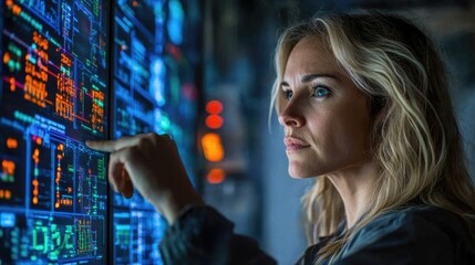  Scada engineers operator controller working with data base from Scada system on computer screen at green power plant factory.