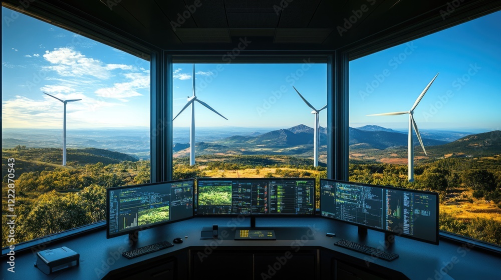 Wall mural futuristic wind turbines farm or wind power plant with scada system computer screen monitoring at op