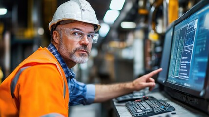  Scada engineers operator controller working with data base from Scada system on computer screen at green power plant factory.
