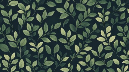 Seamless pattern of dark green leaves and branches on a dark background.