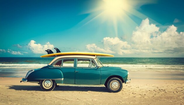 Fototapeta vintage car parked on the tropical beach seaside with a surfboard on the roof leisure trip in the summer retro color effect