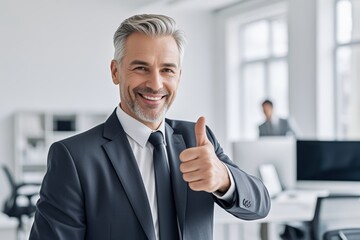 Fototapeta premium smiling man in suit giving thumbs up in an office