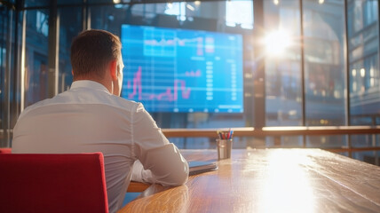 man in white shirt observes market data on holographic screen in modern office