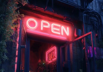 Neon sign with text "OPEN", red neon light, orange and pink lights, vintage vibe.