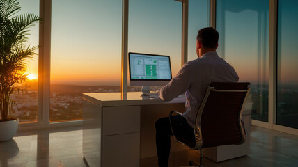professional man working at desk in futuristic office during sunset, analyzing data on computer screen