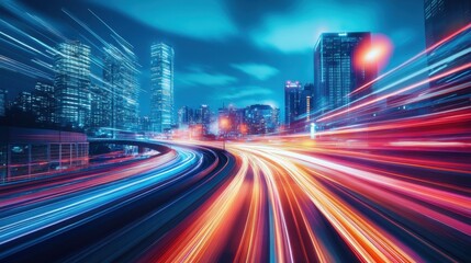 Fototapeta premium Futuristic Neon Cityscape with Light Trails at Night