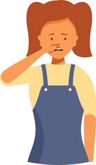Worried preschool girl suffering from nosebleed, holding her nose with hand, healthcare and medical concept