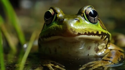 Close-up of a Green Frog with Brown Spots in a Pond Looking Forward