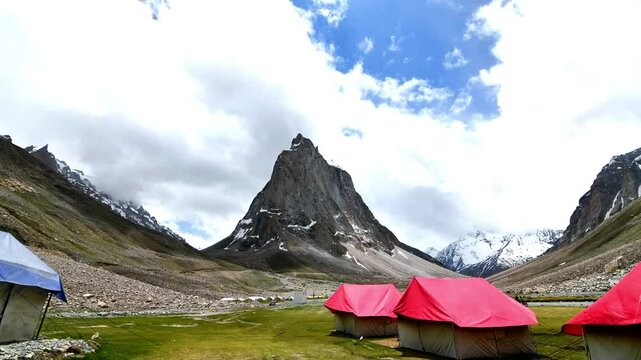 Timelapse of cloud moving on Gonbo Rangjon which is a stand-alone lofty rocky precipice located south of Kargyak village in the Lungnak valley, Zanskar, Ladakh, India