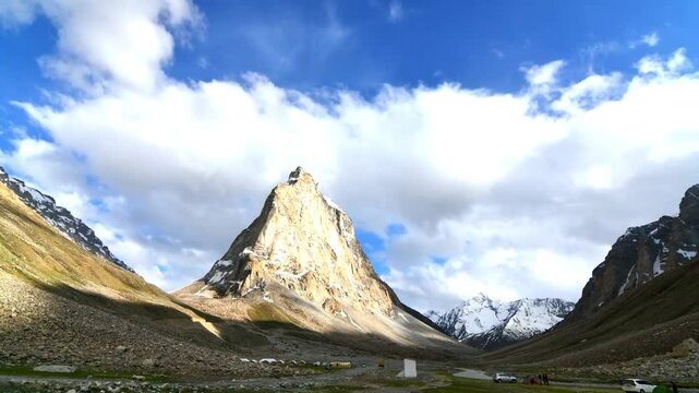 Timelapse of Gonbo Rangjon which is a stand-alone lofty rocky precipice located south of Kargyak village in the Lungnak valley, Zanskar, Ladakh, India