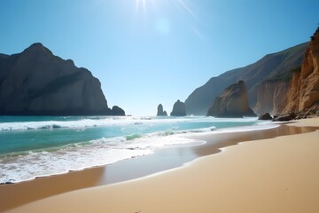 Obraz premium A beach with dramatic cliffs rising from the shore, the ocean sparkling below.