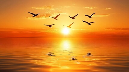Naklejka premium Golden Sunset Over the Ocean with Silhouetted Birds Flying in the Sky and Reflecting on the Water