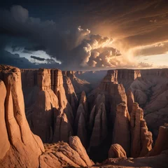 Fototapete Rund A breathtaking landscape showcasing towering rock formations against a dramatic sky filled with clouds and a warm glow from the setting sun. © PURE SP