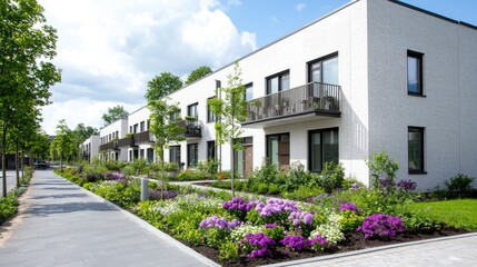 Modern apartment complex, landscaped walkway, sunny day, residential area, real estate