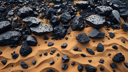 A desert landscape featuring dark volcanic rocks scattered over golden sand, showcasing a contrast...