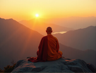 Fototapeta premium A serene monk sits on a mountain peak at dawn, meditating as the golden sun rises between the hills.