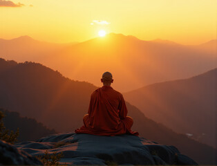 Fototapeta premium A peaceful monk embraces the morning silence, meditating atop a mountain as sunlight streams through the peaks.